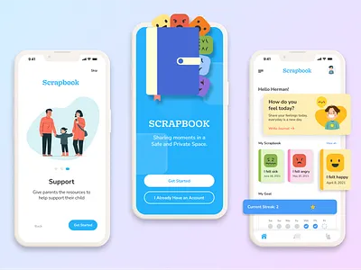 Scrapbook app design childrens app cute design healthcare mental health mobile ui mockup design product designer ui uxui