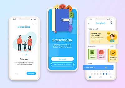 Scrapbook app design childrens app cute design healthcare mental health mobile ui mockup design product designer ui uxui
