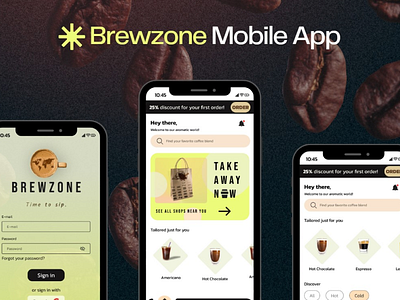 Brewzone Mobile App app design brew categories coffee coffee app coffee mobile coffee shop graphic design mobile mobile app mobile app design mobile design mobileappdesign mockup products search sign in sign up ui ux