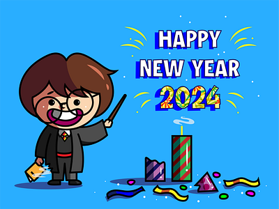 Happy New Year 2024 2024 2d art artist artwork cartoon character design digital art happy new year harry potter illustration illustrator vector art wizard