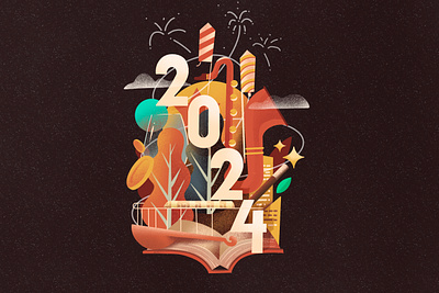 Happy New Year 2024 greetings! illustration. 2024 celebration digital art doodle flat style greetings happy new year illustration