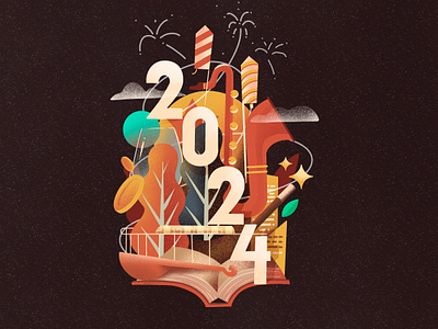 Happy New Year 2024 greetings! illustration. 2024 celebration digital art doodle flat style greetings happy new year illustration