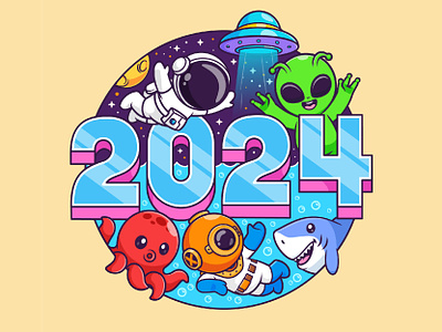 Welcome 2024!🎉 2024 animals astronaut calendar celebrate cute diver earth holiday icon illustration logo new year new year 2024 poster sea space typography