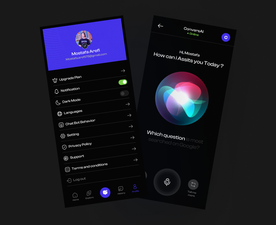 Dark Mode & Voice Chat ( ConversAI ) ai animation interface mobile mobile ui motion design motion graphics ui uiux