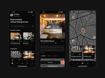 Workplace finder: App Design app app design clean design minimal modern remote place finder app restaurant location ui