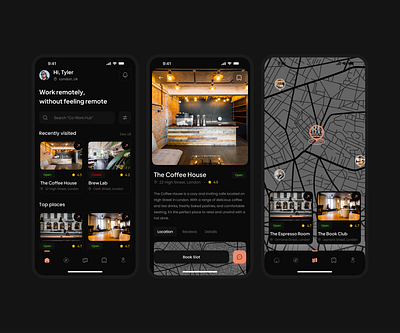 Workplace finder: App Design app app design clean design minimal modern remote place finder app restaurant location ui