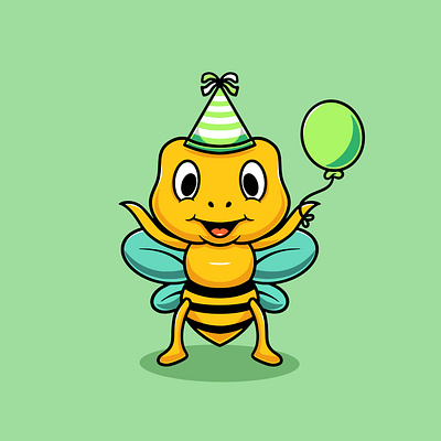 Cute bee with party balloons cartoon illustration baloon