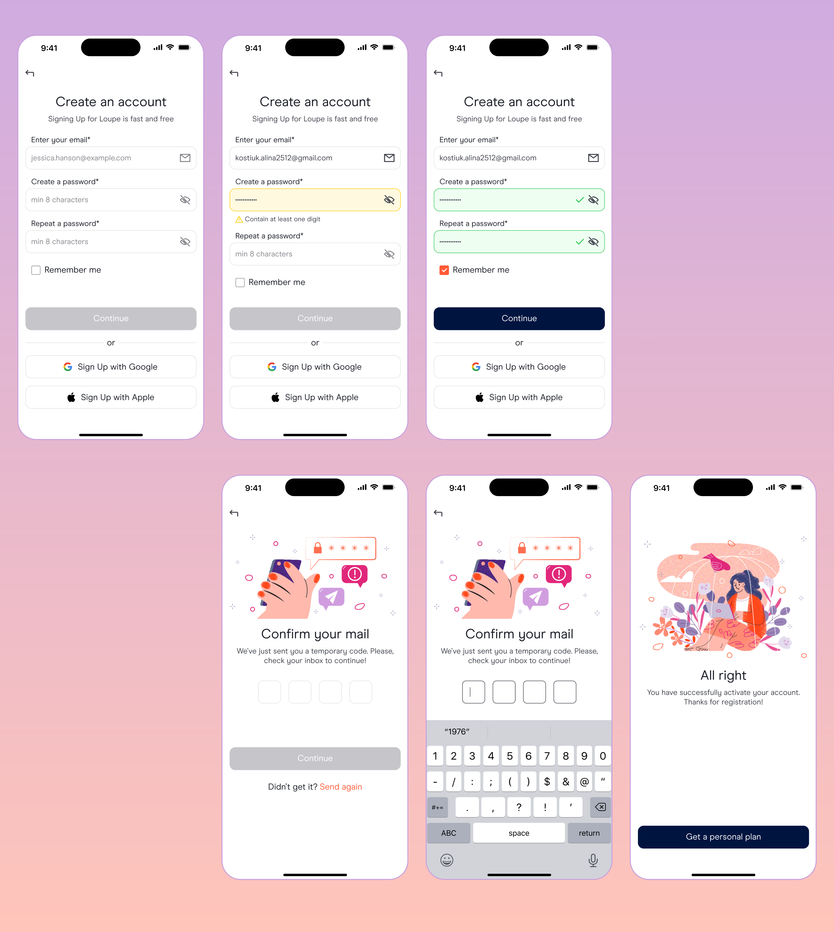 Loupe: Sign In & Registration — Mental Health App account app application confirm a mail confirmation design figma interface meditation meditation app mental health mental health app mobile mobile design registration sign in sign up ui user interface yoga app