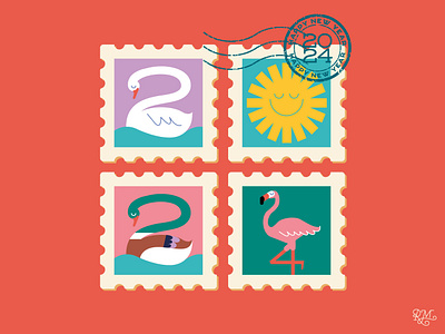 Happy 2024! 🎉 2024 design flamingo goose happy new year illustration new year postage postage stamp stamp sun swan