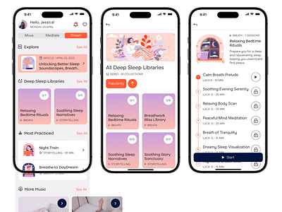 Exploring Mental Wellness: Practice Tab Preview app application bedtime rituals deep sleep design figma meditation meditation app melodies for sleep mental health app mobile mobile design mockup mockup app practice screens ui ui design user interface yoga app