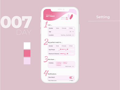 #DailyUI Challenge #007 - Settings daily ui dailyui dailyui 007 dating app day 007 find love love pink settings tinder ui challenge