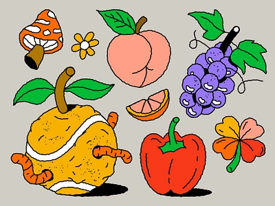 🍏 🪱🎾 apple branding character design drink editorial fruit grapes green illustration lemon logo mushroom nature pepper sport tattoo tennis veggies