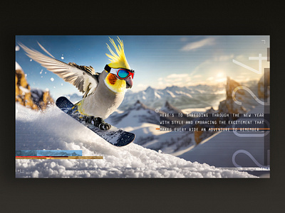 Happy 2024! adobe firefly adobe photoshop card cockatiel design generative ai graphic design layout mountains new years card parrot photoshop snowboarding snowboarding cockatiel snowboarding parrot wings