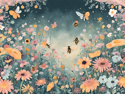 Bees and flowers 1 design graphic design illustration vector