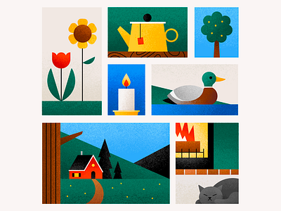 A cottage in the woods cabin calm candle cat cottage country cozy duck fire flower forest house illustration nature sping tea teapot tree vector woods