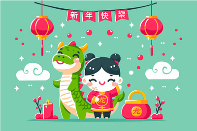 Vector Flat Background for Chinese New Year Celebration background celebration chinese dragon festival illustration lantern new year spring traditional vector zodiac
