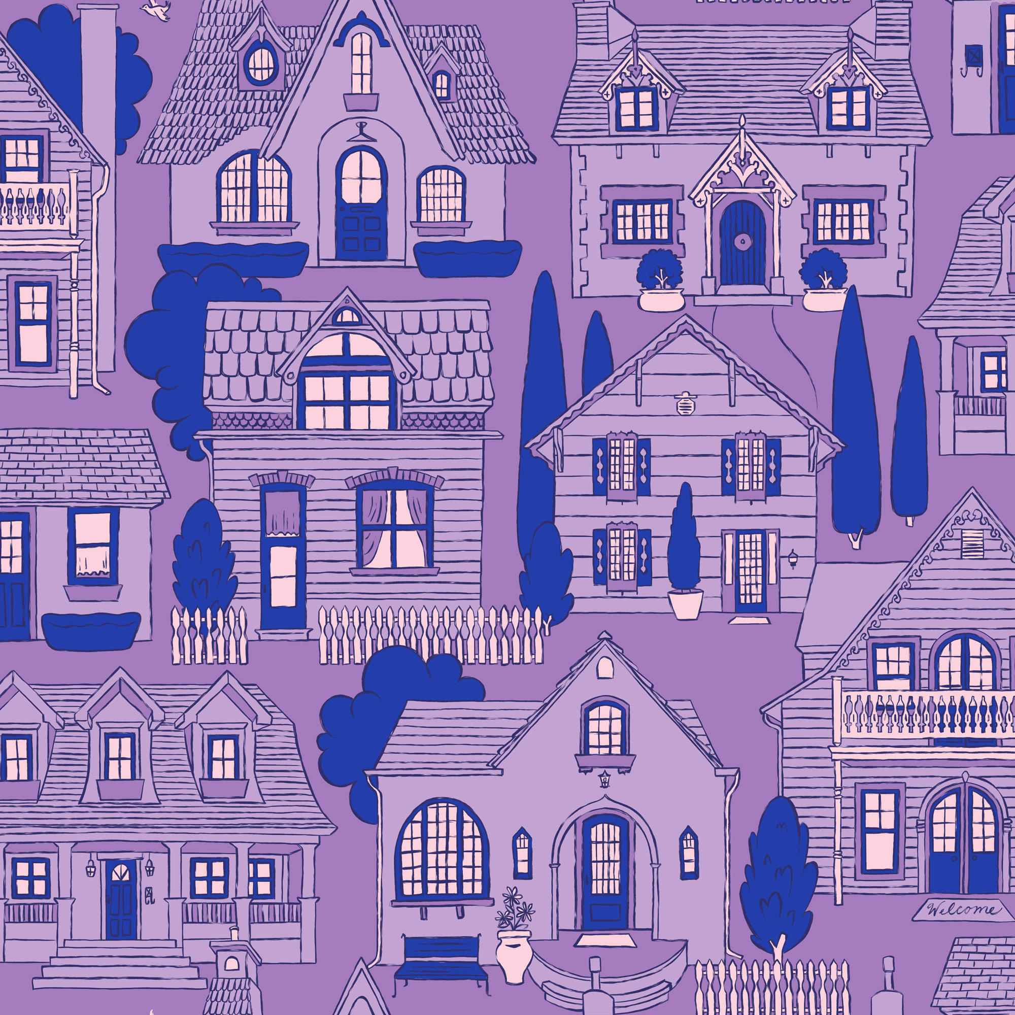 Cottagecore blue cottagecore cottages digital fabric design illustration ipad lavender olive pattern procreate repeating pattern wallpaperdesign