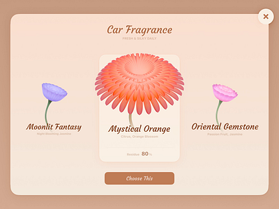 Fragrance 3d animation brown car card choose flower fragrance graphic design hmi ui