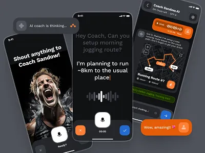 sandow UI Kit: AI Fitness & Nutrition App 🏋️‍♀️ ai assistant ai coach ai fitness blue clean dark mode diet app fitness fitness ai app fitness app gym app modern orange ui ui kit virtual ai coach virtual coach voice recognition workout workout app