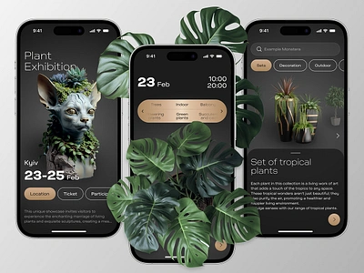 Plant Exhibition Mobile App ai ai generated app app design art app botanical dark mode exhibition exhibition app expo flowers indoor midjourney mobile app mobile design outdoor plant plant app ui ux