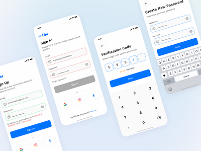 Social Media Sign In, Sign Up, Verification, New Password Mobile mobile ui onboardingexperience socialmedia uiux uploadme