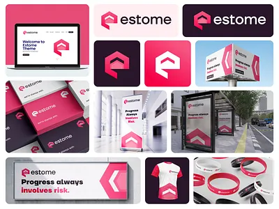 Logo and brand visual identity design for Estome agency logo app app logo brand identity branding design flat graphic design illustration letter e logo letter logo logo minimal modern real estate logo startup logo typography vector visual identity