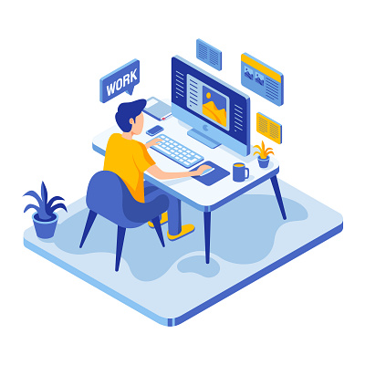 Isometric Working Space Concept blue computer icon illustration isometric vector work working working space