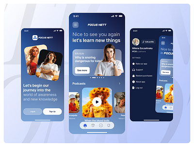 Multiprofile app article banner blue burger menu dark blue education learning login main menu mobile news podcasts profile settings signup tabbar ui welcome zabiralov