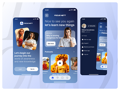 Multiprofile app article banner blue burger menu dark blue education learning login main menu mobile news podcasts profile settings signup tabbar ui welcome zabiralov