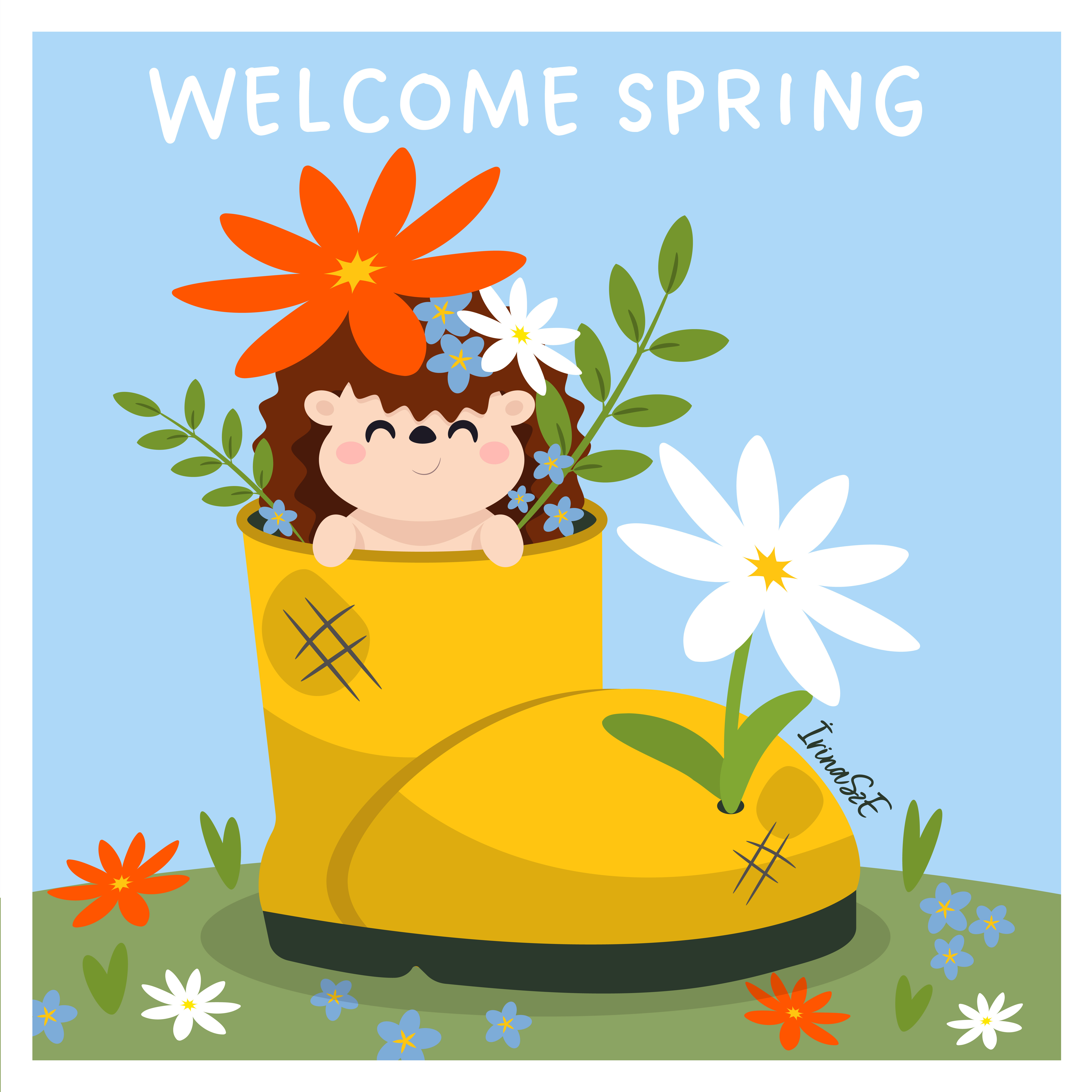 Cute Spring card vector illustration baby illustration children illustration cute hedgehog fun hedgehog funny hedgehog happy hedgehog happy spring hedgehog illustration hello spring nursery old boot illustration spring card design spring flowers spring hedgehog sweet illustration vector illustration welcome spring