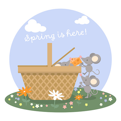 Cute Spring mice illustration baby cartoon mice cartoon mouse children illustration cute mice cute mouse funny mice funny mouse illustration illustration for children illustration for kids mice illustration mice with cheese nursery picnic basket spring cartoon spring flowers spring illustration spring mice vector illustration