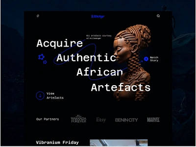 African artefacts (with vibranium) show hero section african artefacts black panther dark mode hero section killmonger landing page museum ui vibranium wakanda