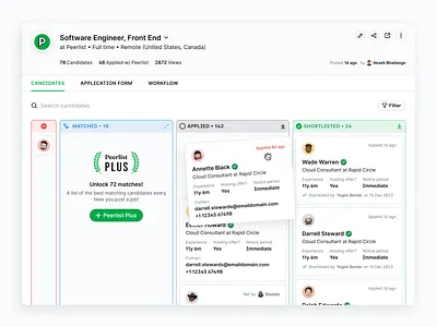 Peerlist Hire: Manage Candidates applicant tracking software ats hiring hiring tool job board kanban board peerlist ui