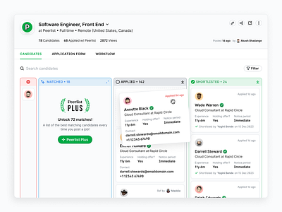 Peerlist Hire: Manage Candidates applicant tracking software ats hiring hiring tool job board kanban board peerlist ui
