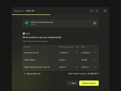 Intake form 🛒 apple card dark dropzone file finance fintech form interface minimal pay procurement product table ui