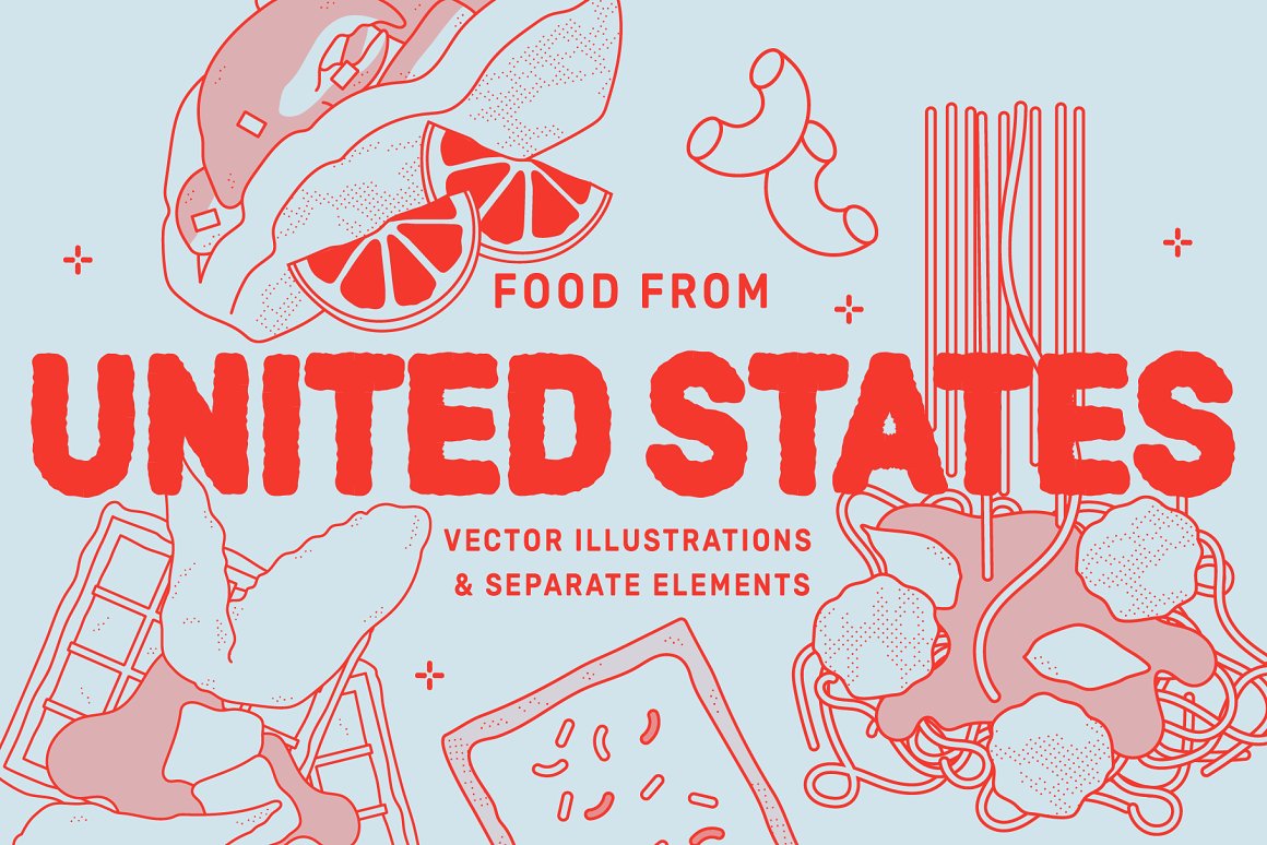 American Food Vector Illustrations american dinner food illustration ingredients for cooking lobster roll lunch meatballs menu recipe spaghetti united states map