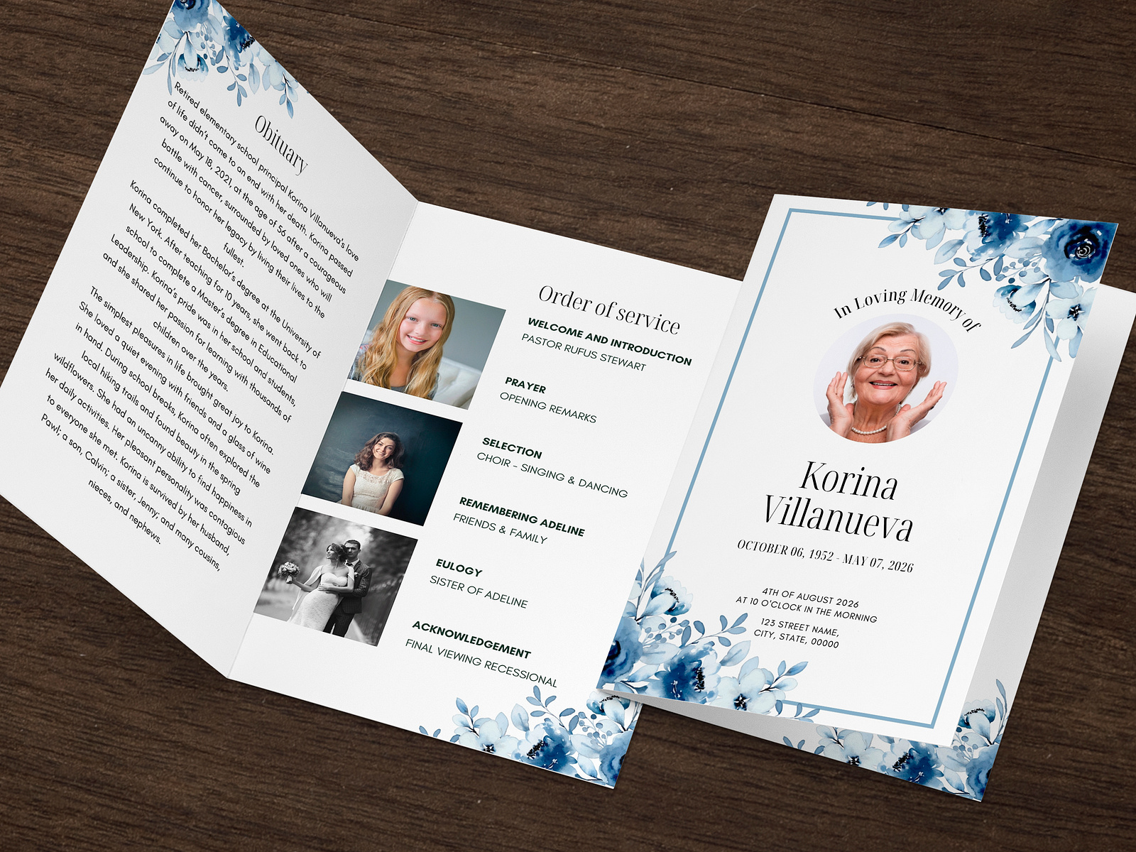 Blue Watercolor Flowers Funeral Program Template by Shefa Akhter on ...