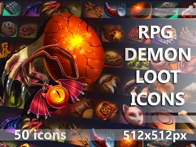 RPG Demon Loot Icons 2d art asset assets demon fantasy game game assets gamedev icon icons illustration indie indie game loot mmo mmorpg rpg set