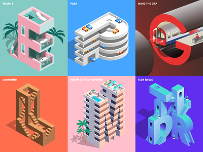 Isometric collection 36 days of type 3d escher hotel illustration isometric labyrinth miami mind the gap parking subway train type underground vacation vector