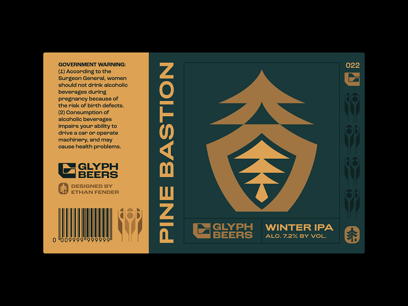 Glyph beer 22 alpine arbor beer beer label crest defense forest fortress heraldic heraldry icon label design logo medieval packaging pine pine trees shield symbol winter