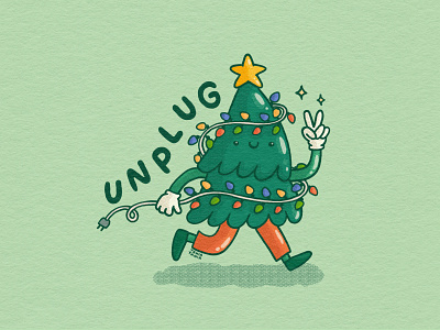 Unplug - Christmas Tree 2d character character design christmas energy save green tree illustrator lights mascot retro running smile sparks tree unplug