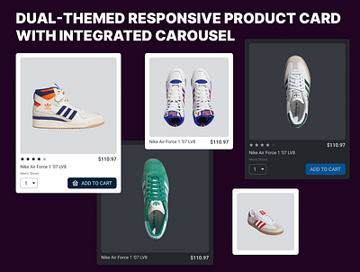 The Dual-Themed Responsive Product Card with Integrated Carousel animation card e commerce figma free ux design