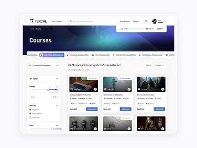 Torche - Course Search Page campus card college course desktop education exploration filter gamification learning mooc search student ui ux website