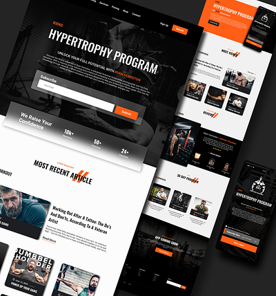 Gym Blog Landing Page + App 3d animation blog branding fitness graphic design gym landing page logo modern motion graphics orange ui uiux design web design