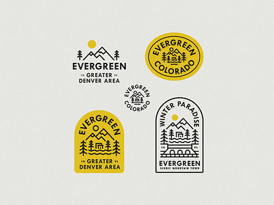 Evergreen Colorado Badges badge colorado evergreen illustration linework monoline mountains retro sunshine typography vintage