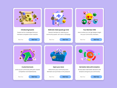 Onboarding tutorial illustrations 3d 3d icons analytics blender community crm cute cute 3d icon emoji gamification gaming modal motion graphics onboarding product design quest referrals scroll store ui