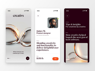 Creativs | Freelancing app for designers abstract app bio clean minimal modern orange product design profile ui ux