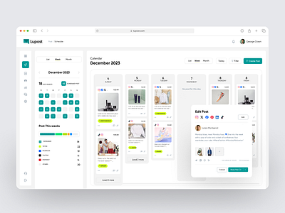 User Dashboard of Lupost - Automated social media platform admin dashboard clean dashboard posting schedule simple social media management ui web design