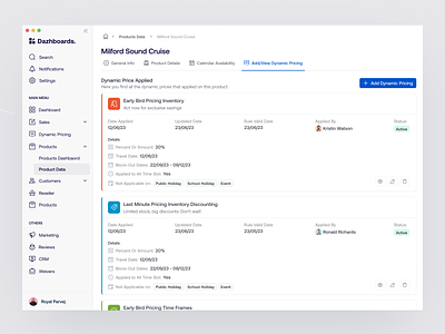 Dynamic Pricing __ E-commerce CRM aesthetic ui clean ui crm dashboard design dynamic pricing e commerce grid view minimal product design product details product info royal parvej saas saas dashboard sidebar ui design web