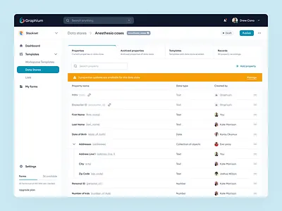 Graphium - Data Stores alert dashboard data data stores design desktop editor flow healthcare interface navigation sidebar table tabs ui user interface ux